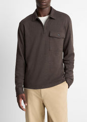 Herringbone Cotton-Blend Zip Polo Shirt in Henleys & Polos - HEATHER DARK ROAST/BLACK