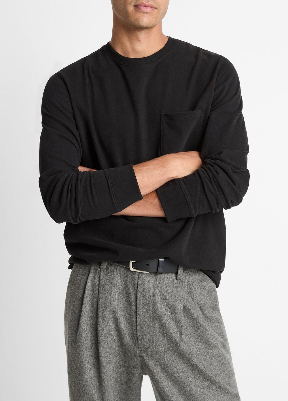 Sueded Jersey Long-Sleeve Pocket T-Shirt in Long Sleeve - BLACK