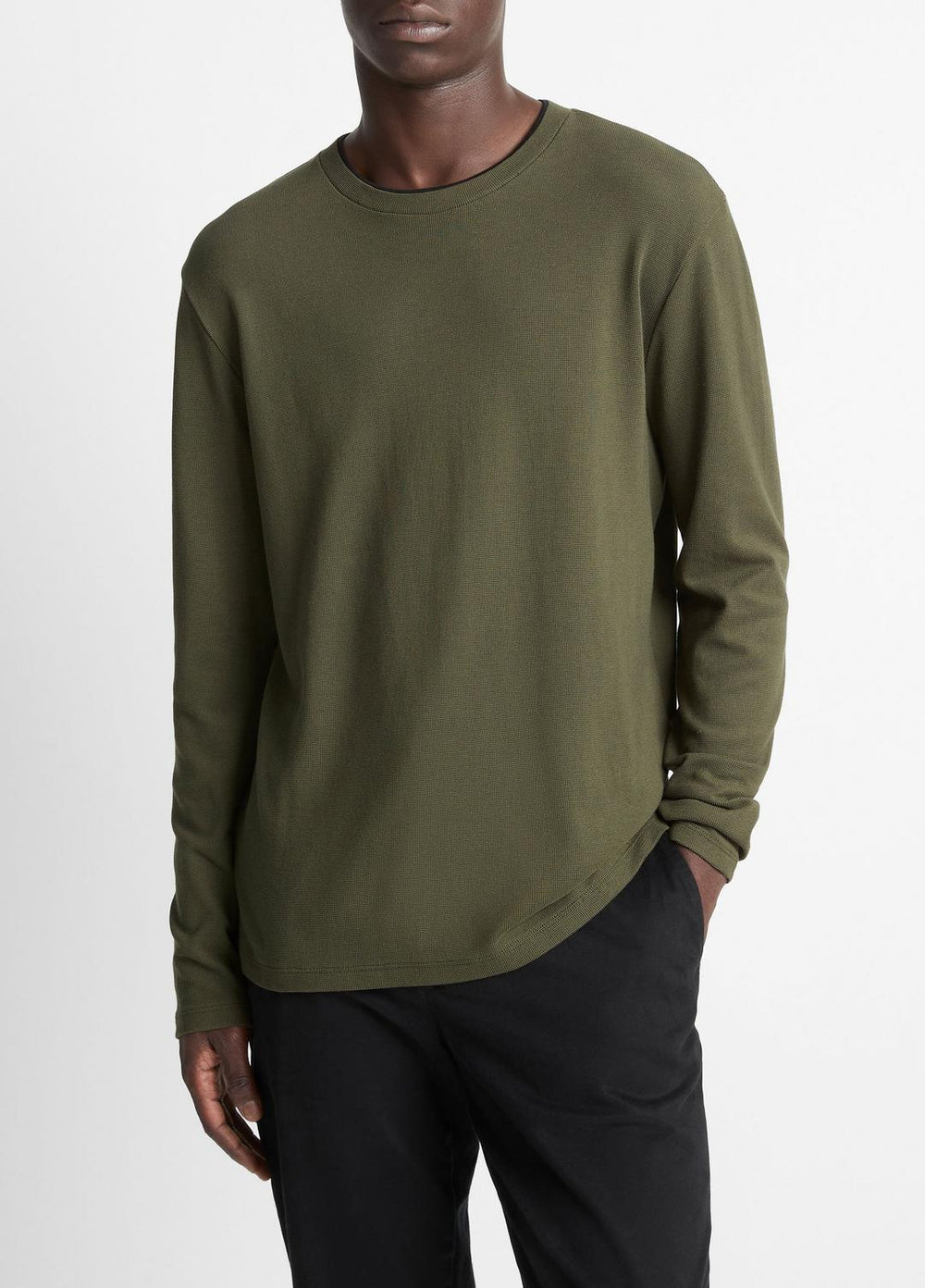 Micro-Waffle Pima Cotton Double-Collar Long-Sleeve T-Shirt in Long Sleeve - DRIVER GREEN/BLACK