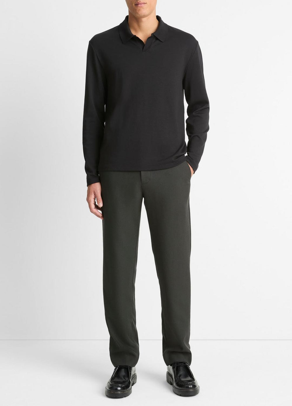 Milano Pima Cotton-Blend Johnny-Collar Shirt in Long Sleeve - BLACK