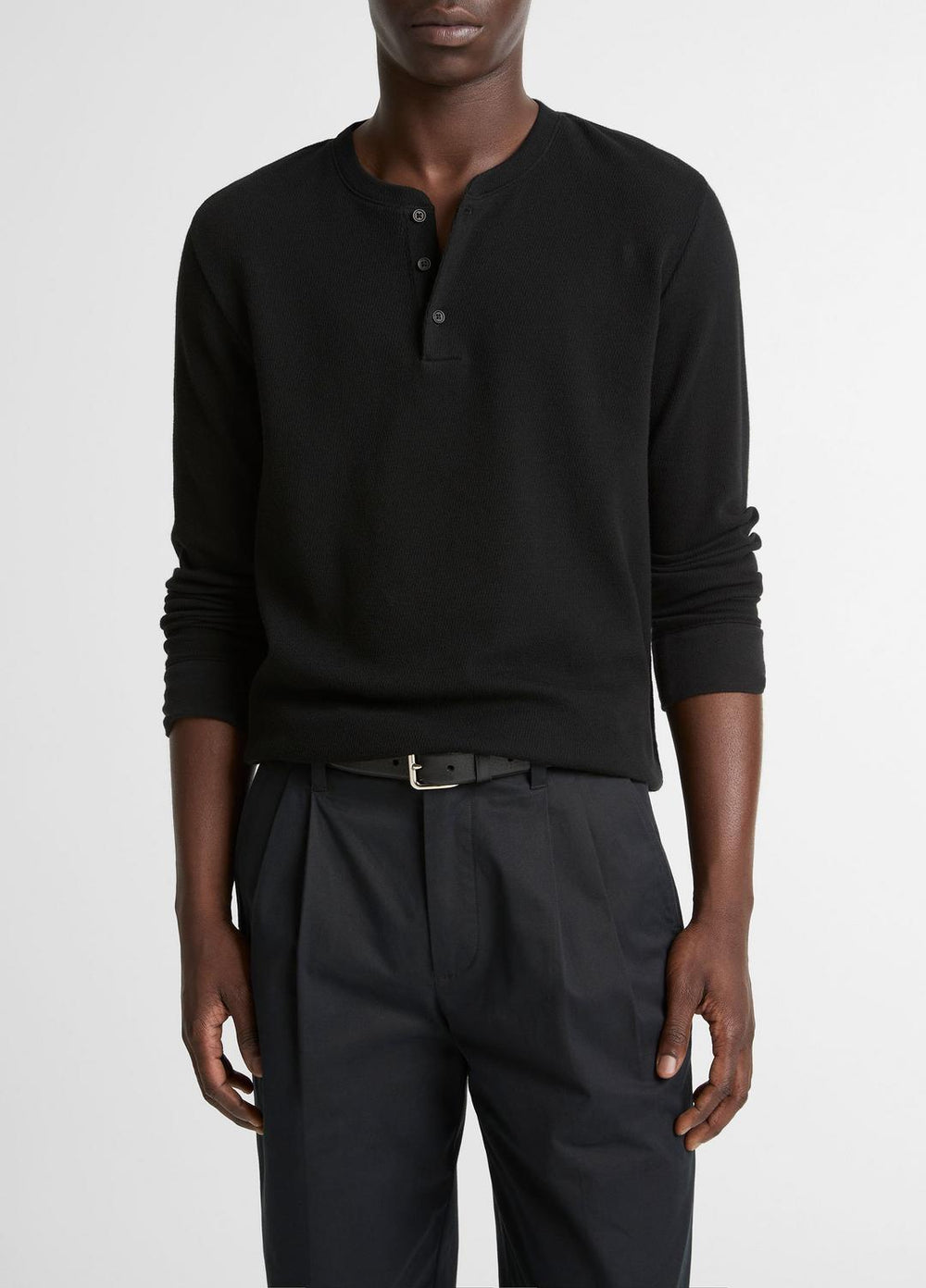 Jacquard-Rib Cotton Henley in Long Sleeve - BLACK