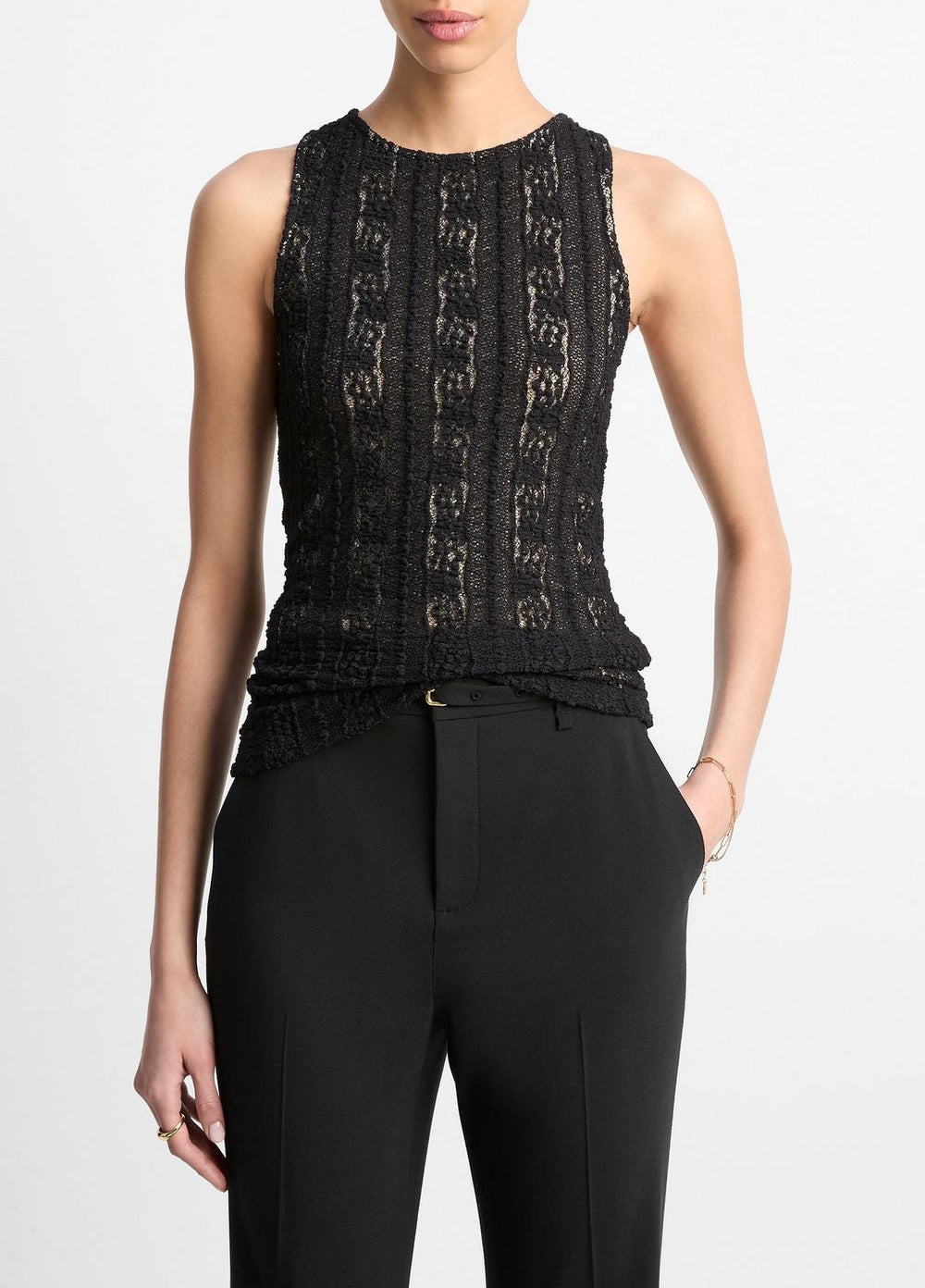 Smocked Lace Shell in Shirts & Tees - BLACK