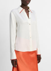Tipped Silk Button-Front Blouse in Shirts & Tees - OFF WHITE/BRICK ROSE