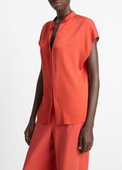 Contrast-Placket Stretch-Silk Cap-Sleeve Blouse in Shirts & Tees - BRICK ROSE/RED