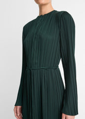 Pleated Satin Long-Sleeve Dress in Dresses & Skirts - MARINE PINE