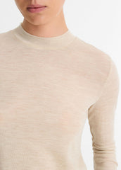 Wool Three-Quarter-Sleeve Mock-Neck Top in Shirts & Tees - LIGHT HEATHER ECRU