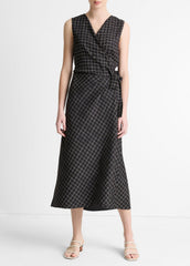Trellis Plaid Draped Sleeveless Wrap Dress in Dresses & Skirts - BLACK/CREAM