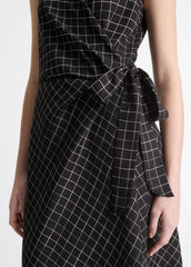 Trellis Plaid Draped Sleeveless Wrap Dress in Dresses & Skirts - BLACK/CREAM
