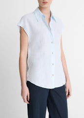 Linen Cap-Sleeve Button-Front Blouse in Shirts & Tees - SKY MIST