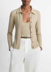 Ribbed Collared Long-Sleeve Button-Front Top in Shirts & Tees - MOJAVE