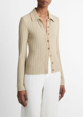 Ribbed Collared Long-Sleeve Button-Front Top in Shirts & Tees - MOJAVE