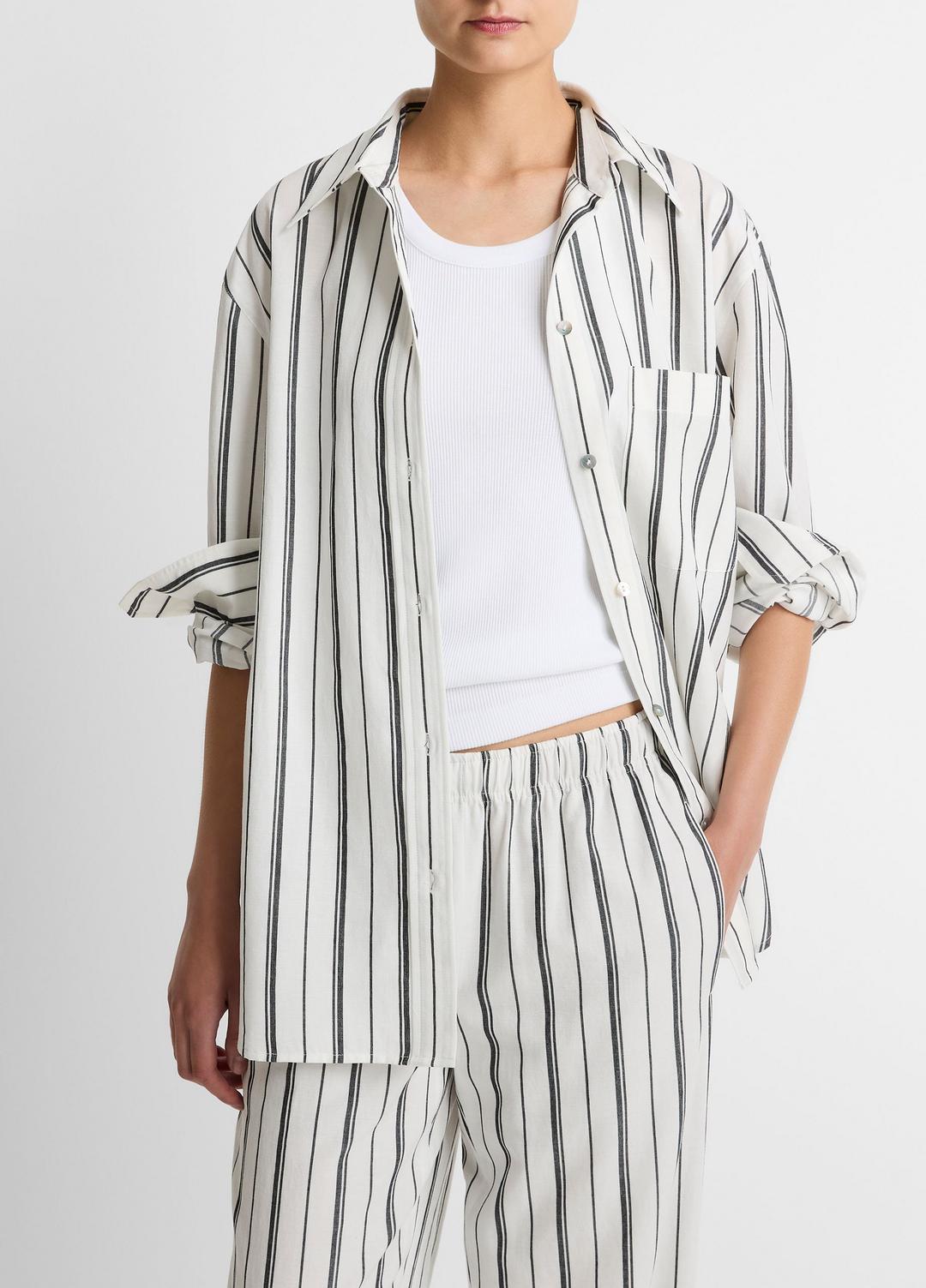 Resort Stripe Oversized Button-Front Shirt in Long Sleeve - WHITE/BLACK