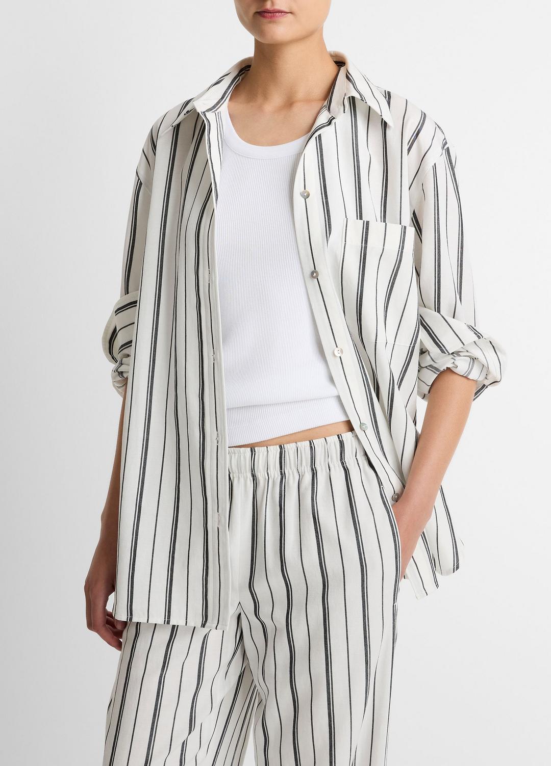 Resort Stripe Oversized Button-Front Shirt in Long Sleeve - WHITE/BLACK