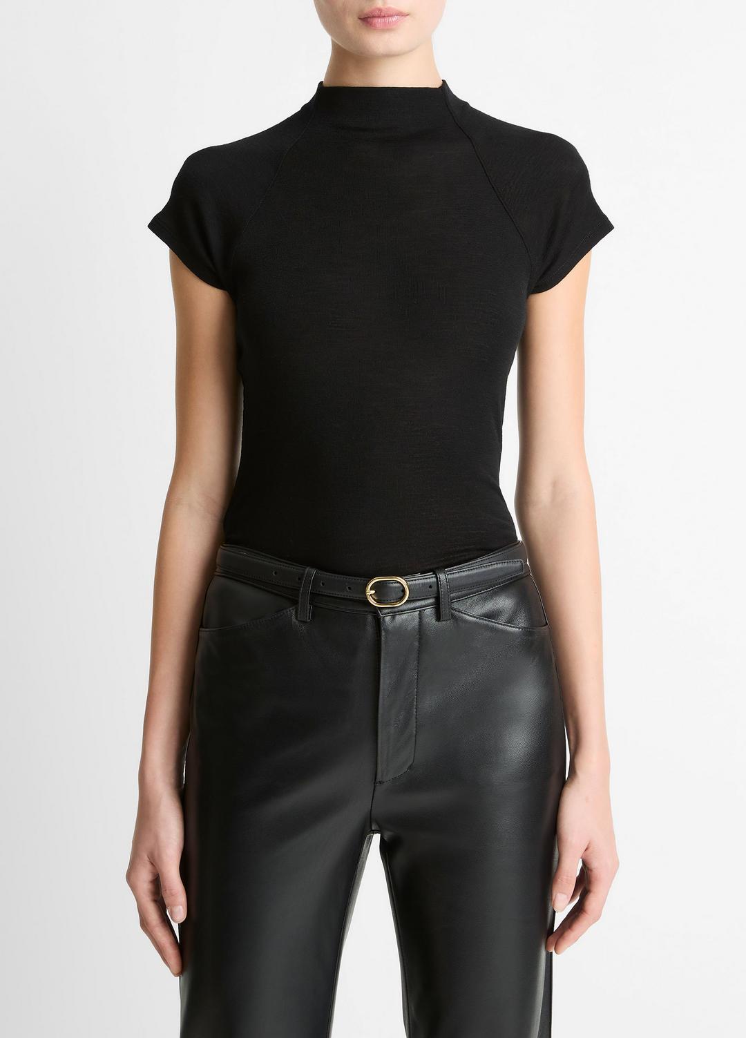 Wool Raglan Cap-Sleeve Mock-Neck Top in Short Sleeve - BLACK