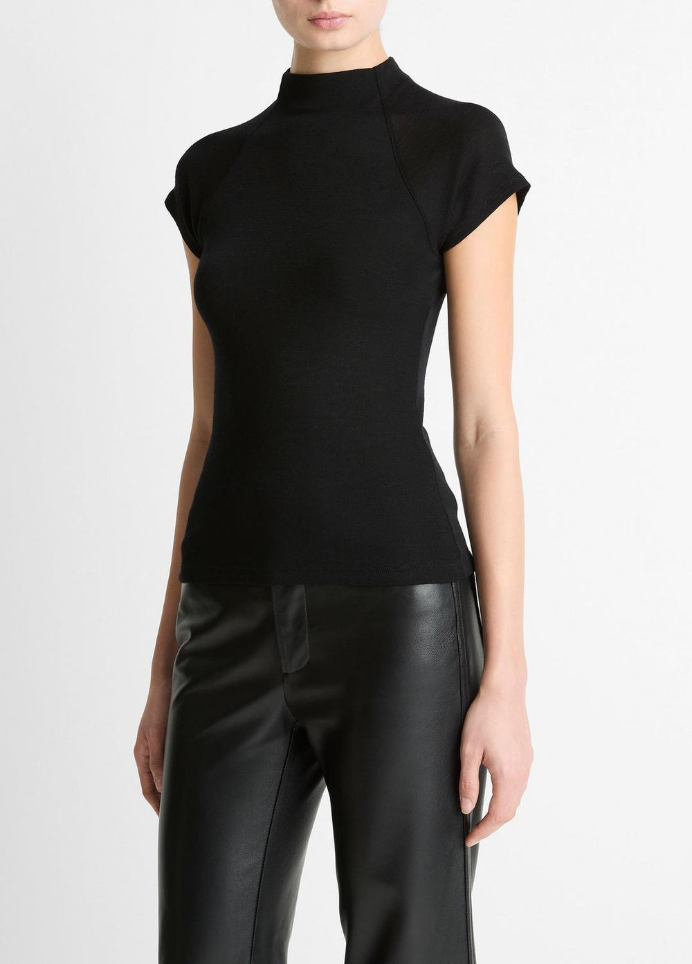 Wool Raglan Cap-Sleeve Mock-Neck Top in Short Sleeve - BLACK