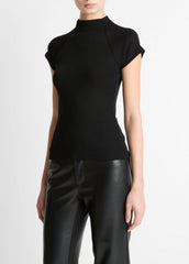 Wool Raglan Cap-Sleeve Mock-Neck Top in Short Sleeve - BLACK
