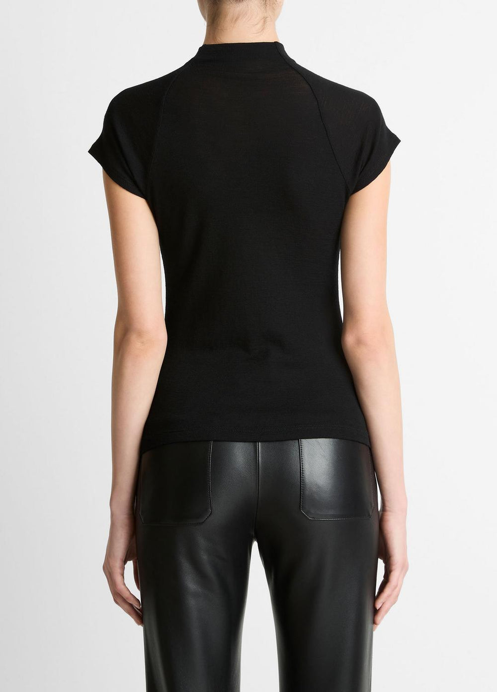 Wool Raglan Cap-Sleeve Mock-Neck Top in Short Sleeve - BLACK