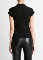 Wool Raglan Cap-Sleeve Mock-Neck Top in Short Sleeve - BLACK