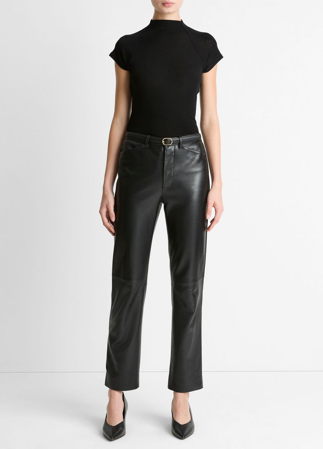 Wool Raglan Cap-Sleeve Mock-Neck Top in Short Sleeve - BLACK