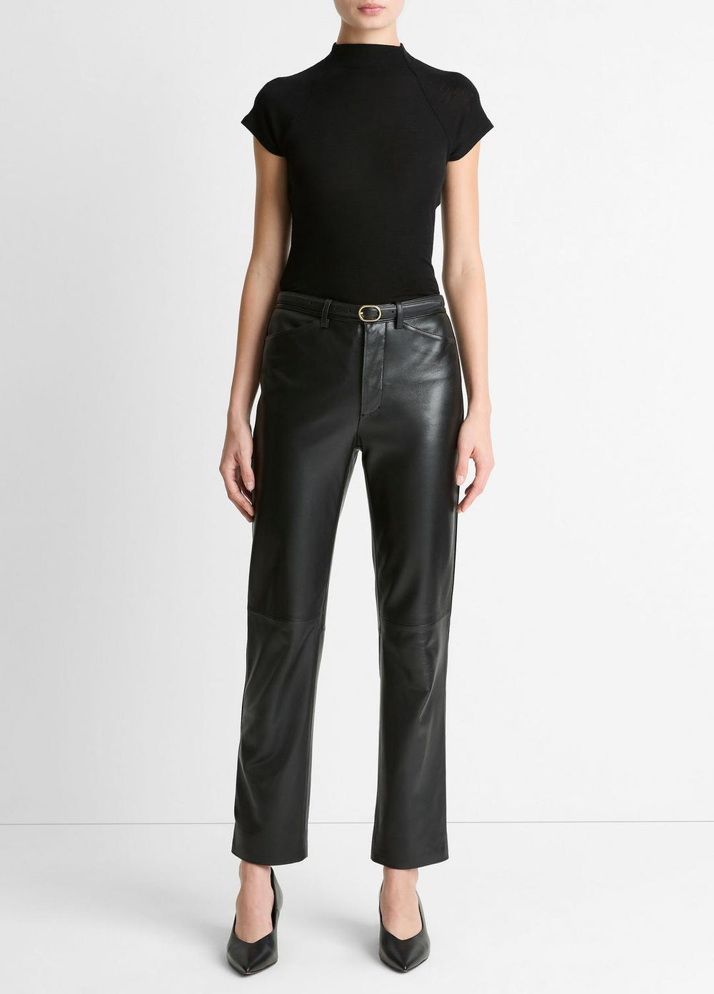 Wool Raglan Cap-Sleeve Mock-Neck Top in Short Sleeve - BLACK