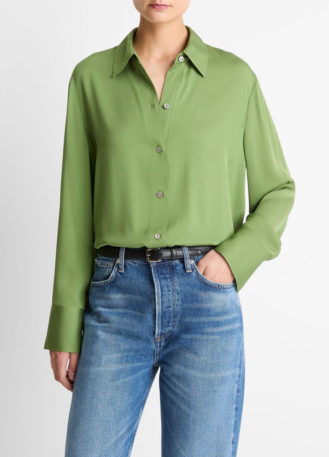 Stretch-Silk Button-Front Blouse in Long Sleeve - CLOVER