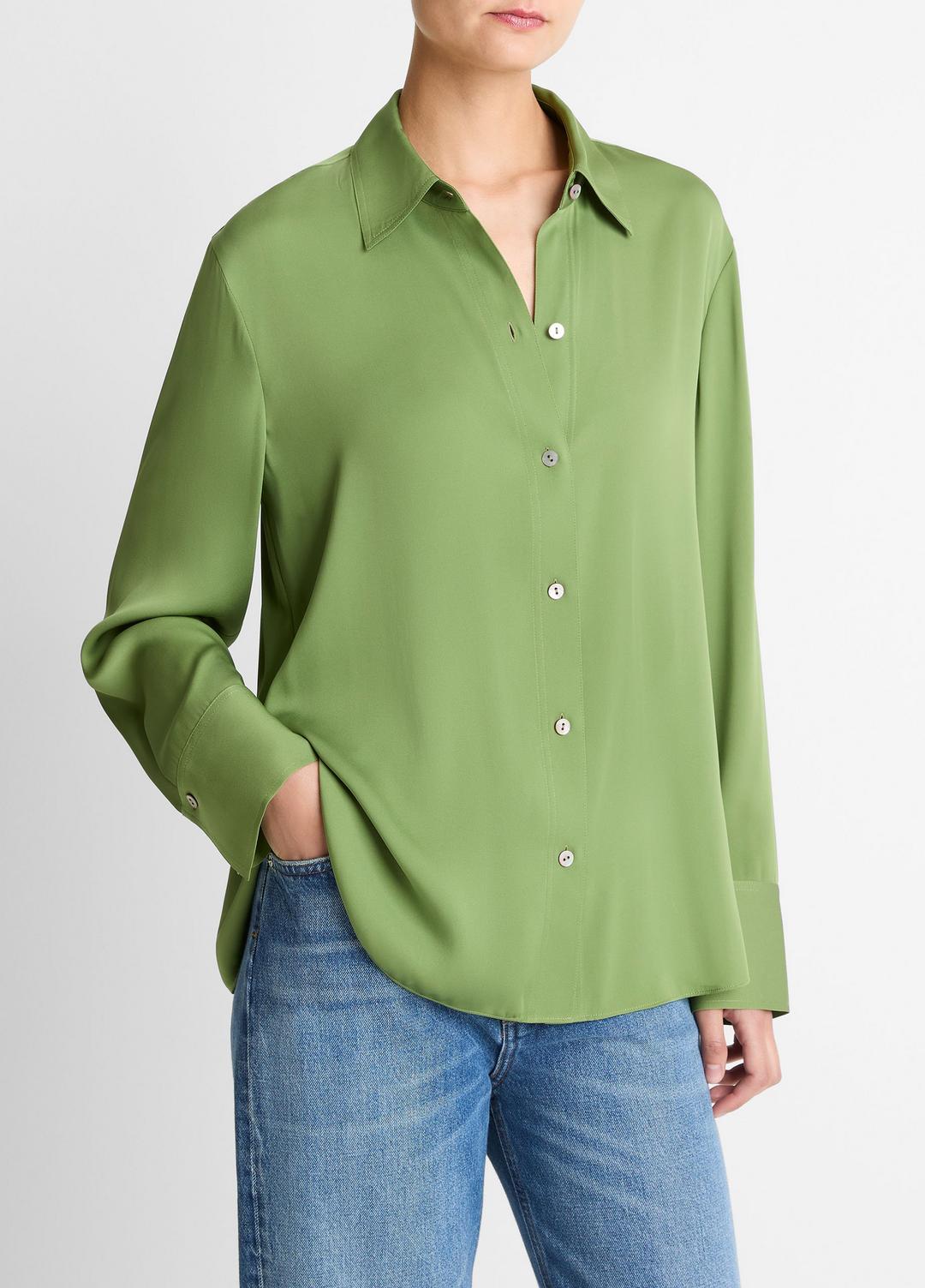 Stretch-Silk Button-Front Blouse in Long Sleeve - CLOVER