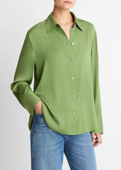 Stretch-Silk Button-Front Blouse in Long Sleeve - CLOVER