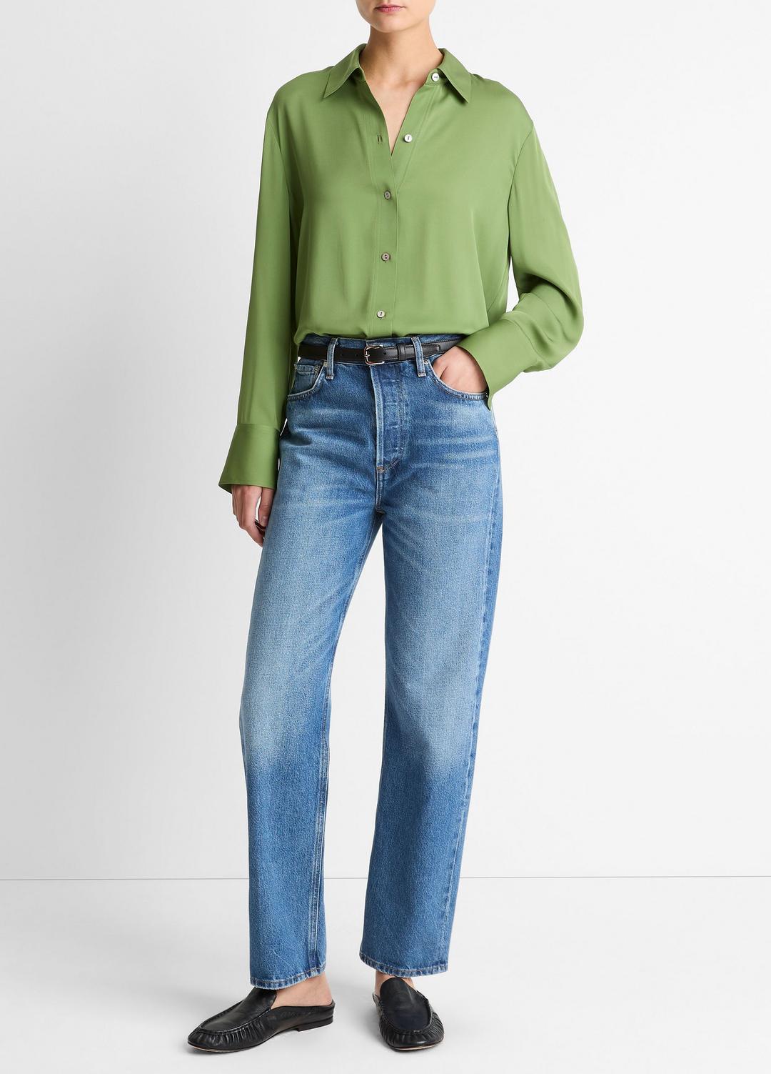 Stretch-Silk Button-Front Blouse in Long Sleeve - CLOVER