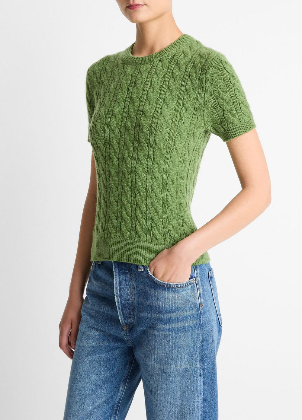 Cable-Knit Wool & Cashmere-Blend Short-Sleeve Sweater in Crew Neck - CLOVER