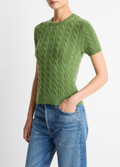 Cable-Knit Wool & Cashmere-Blend Short-Sleeve Sweater in Crew Neck - CLOVER