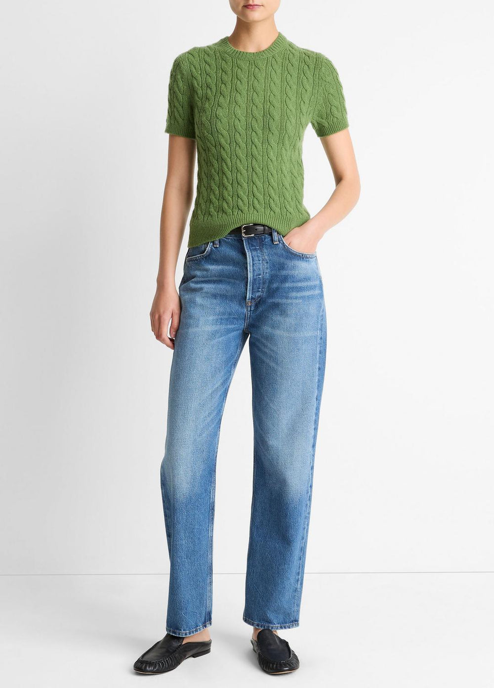 Cable-Knit Wool & Cashmere-Blend Short-Sleeve Sweater in Crew Neck - CLOVER