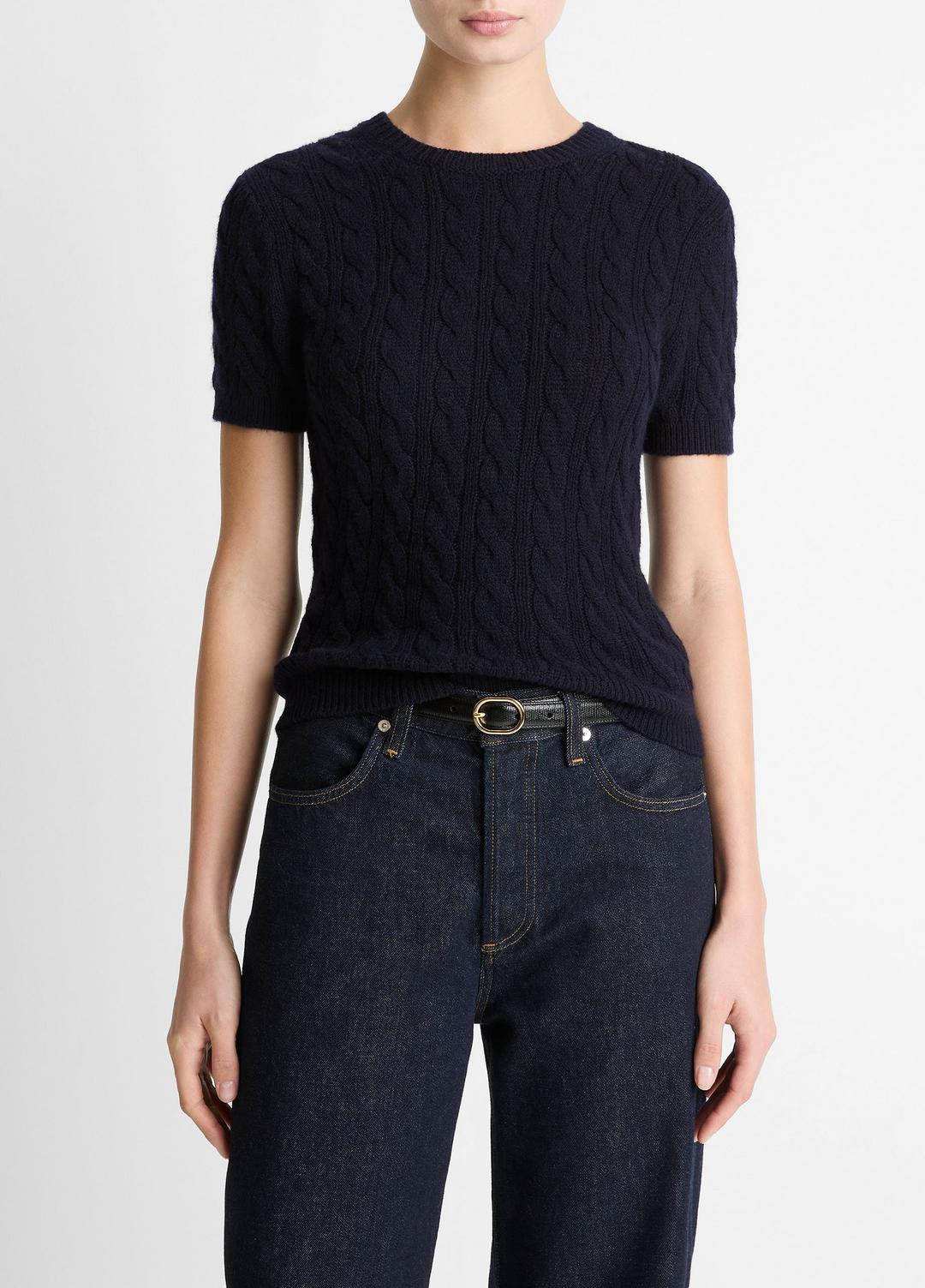 Cable-Knit Wool & Cashmere-Blend Short-Sleeve Sweater in Crew Neck - COASTAL BLUE
