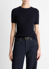 Cable-Knit Wool & Cashmere-Blend Short-Sleeve Sweater in Crew Neck - COASTAL BLUE