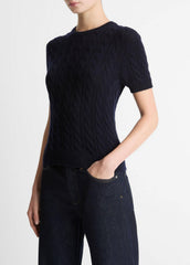 Cable-Knit Wool & Cashmere-Blend Short-Sleeve Sweater in Crew Neck - COASTAL BLUE