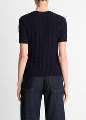 Cable-Knit Wool & Cashmere-Blend Short-Sleeve Sweater in Crew Neck - COASTAL BLUE