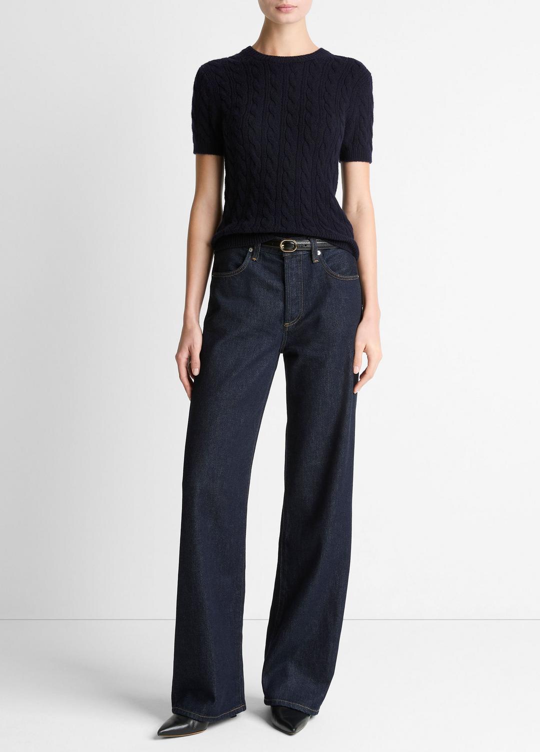 Cable-Knit Wool & Cashmere-Blend Short-Sleeve Sweater in Crew Neck - COASTAL BLUE