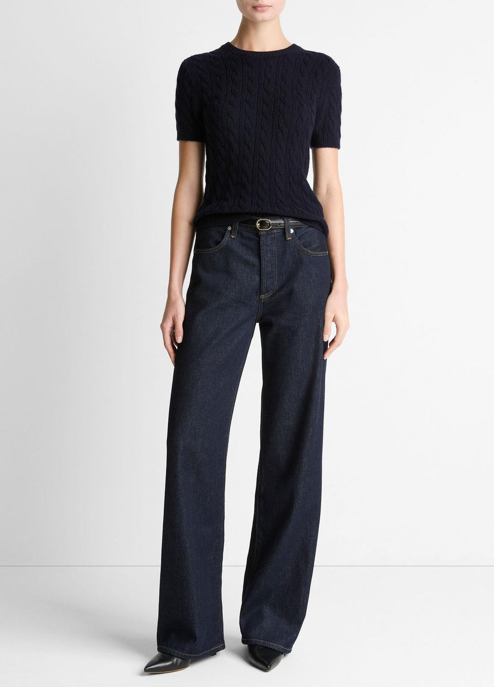 Cable-Knit Wool & Cashmere-Blend Short-Sleeve Sweater in Crew Neck - COASTAL BLUE