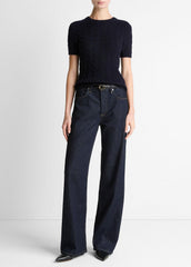 Cable-Knit Wool & Cashmere-Blend Short-Sleeve Sweater in Crew Neck - COASTAL BLUE
