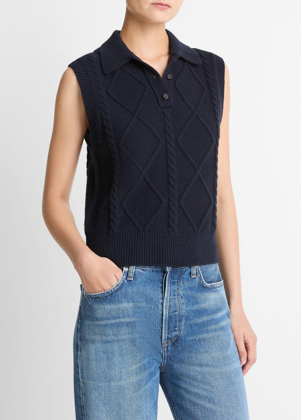 Cable-Knit Wool & Cotton-Blend Sweater Vest in V-Neck - COASTAL BLUE