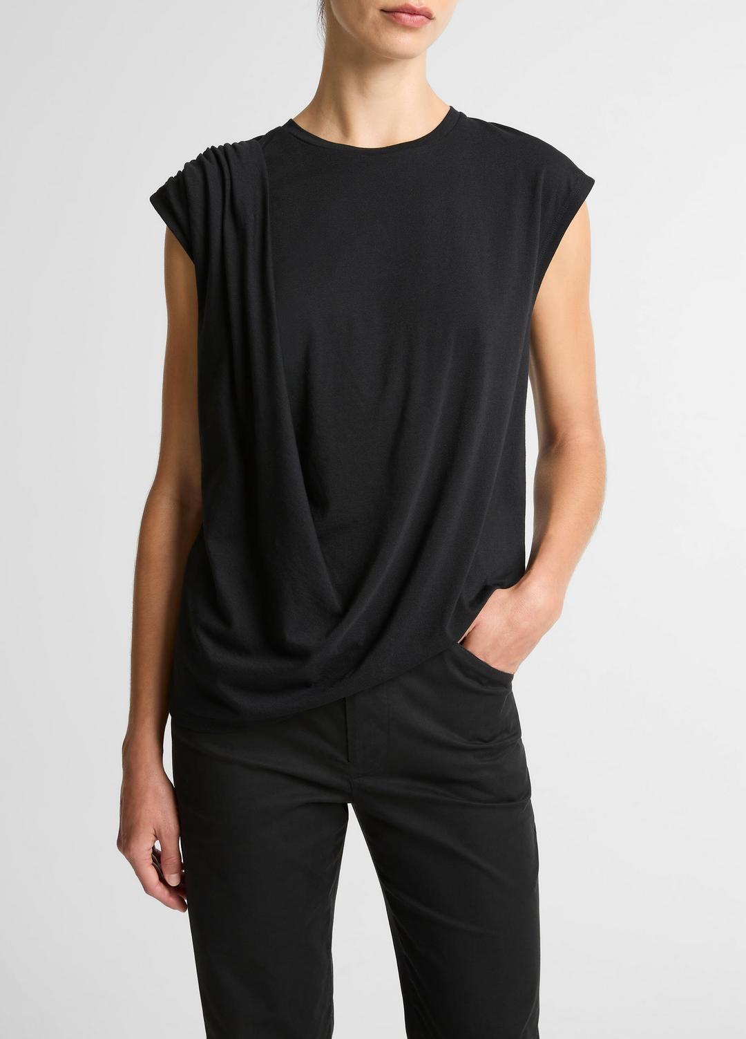 Pima Cotton-Blend Draped Relaxed Top in Tank Tops - BLACK
