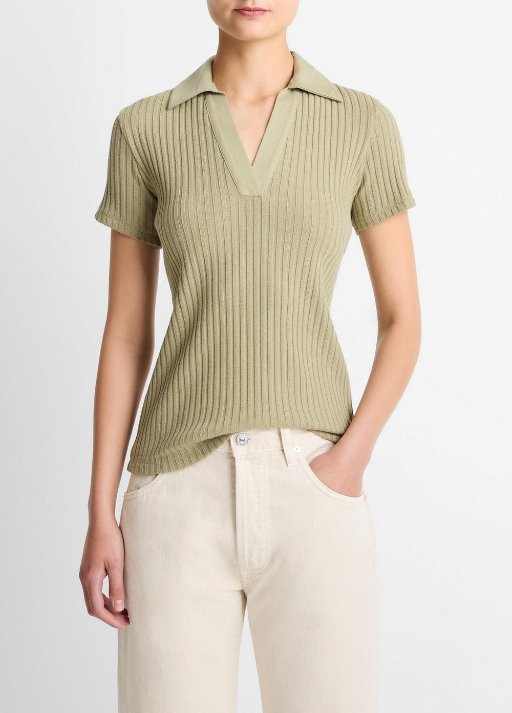 Ribbed Cotton-Blend Polo Shirt in Short Sleeve - OLIVE STONE