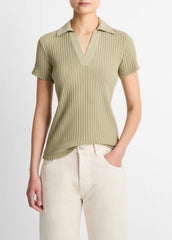 Ribbed Cotton-Blend Polo Shirt in Short Sleeve - OLIVE STONE