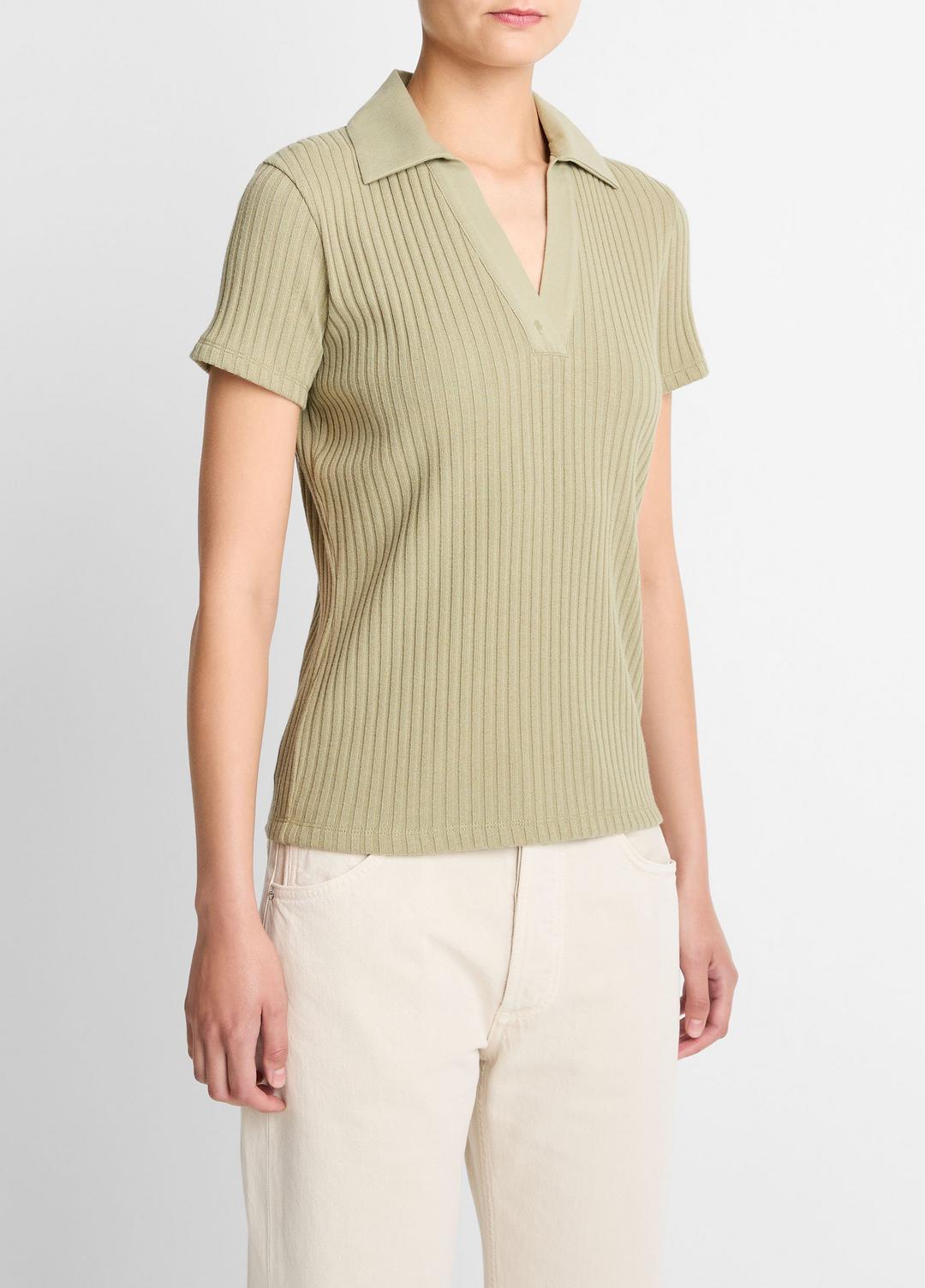 Ribbed Cotton-Blend Polo Shirt in Short Sleeve - OLIVE STONE