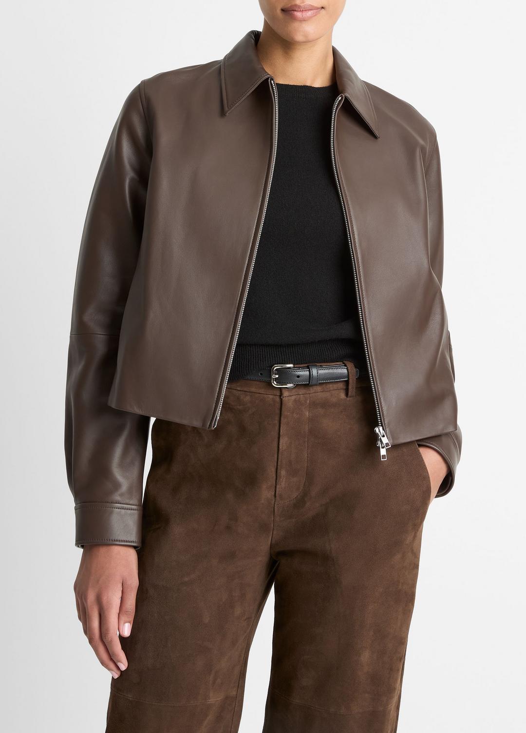 Leather Cropped Zip-Front Jacket in Leather Jackets - CHOCOLATE