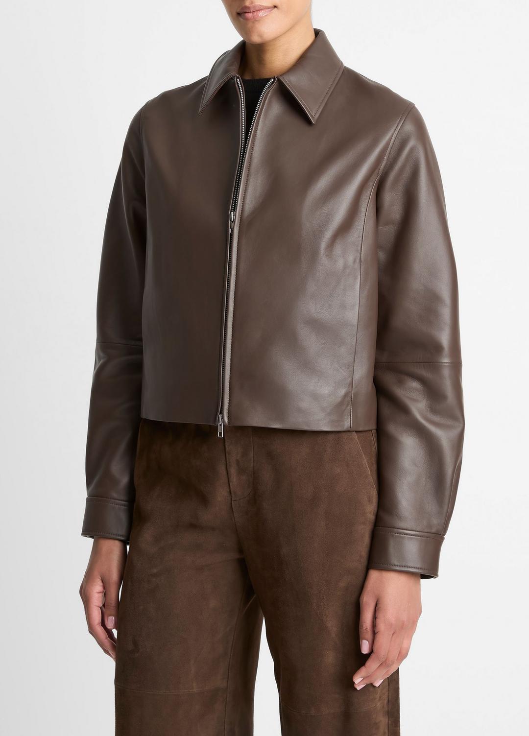 Leather Cropped Zip-Front Jacket in Leather Jackets - CHOCOLATE