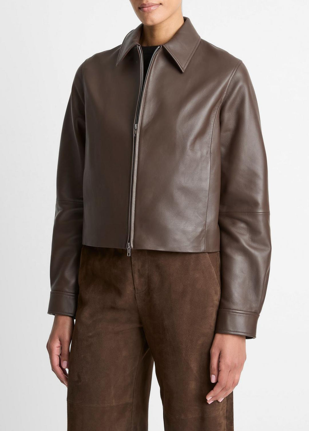 Leather Cropped Zip-Front Jacket in Leather Jackets - CHOCOLATE