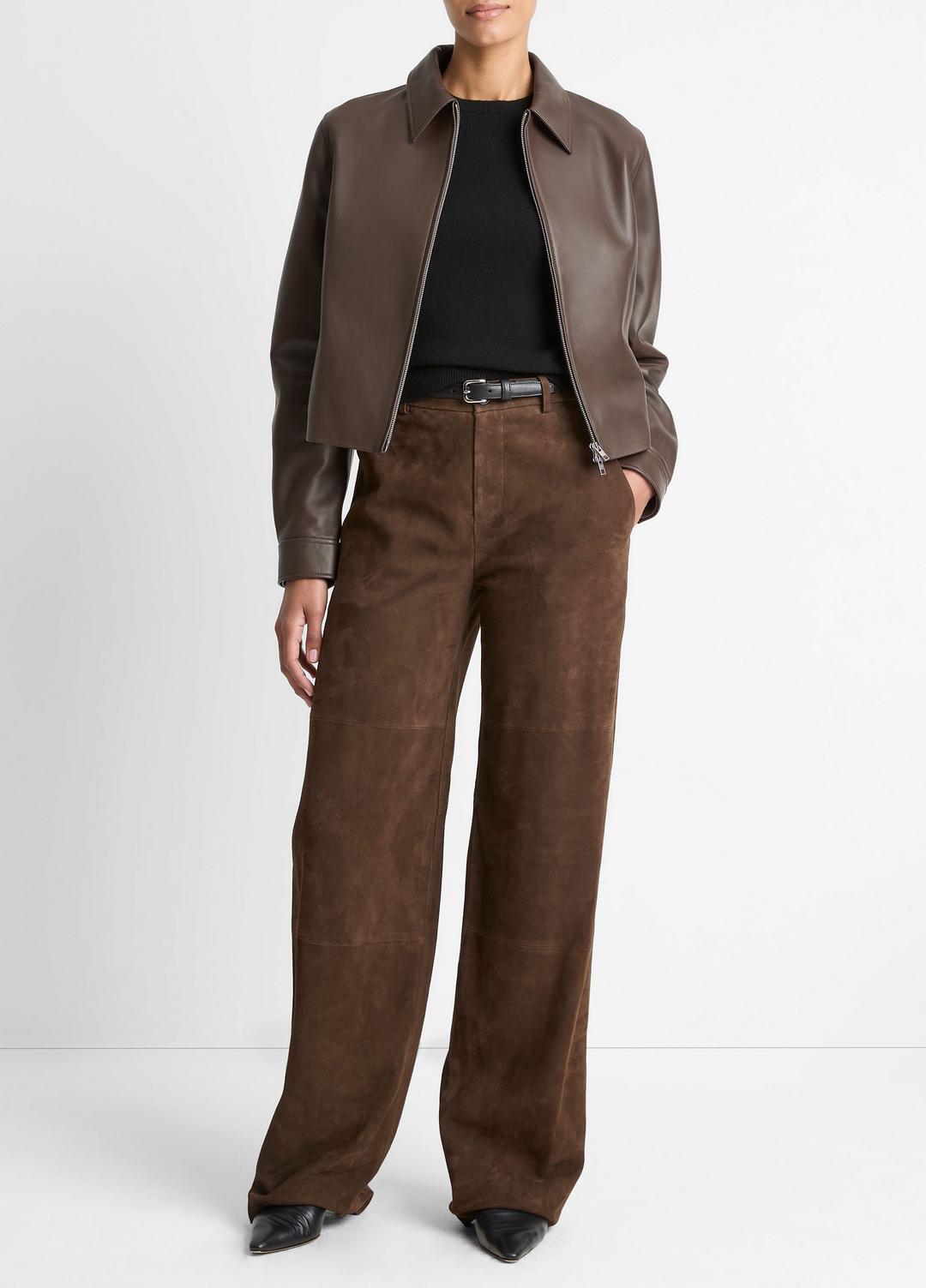 Leather Cropped Zip-Front Jacket in Leather Jackets - CHOCOLATE