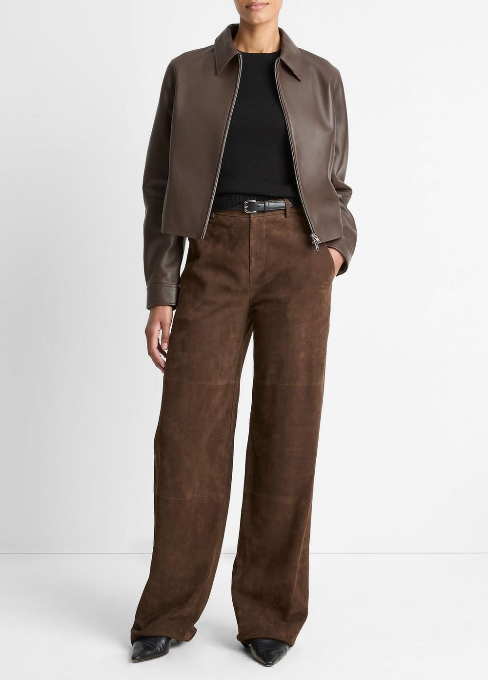 Leather Cropped Zip-Front Jacket in Leather Jackets - CHOCOLATE