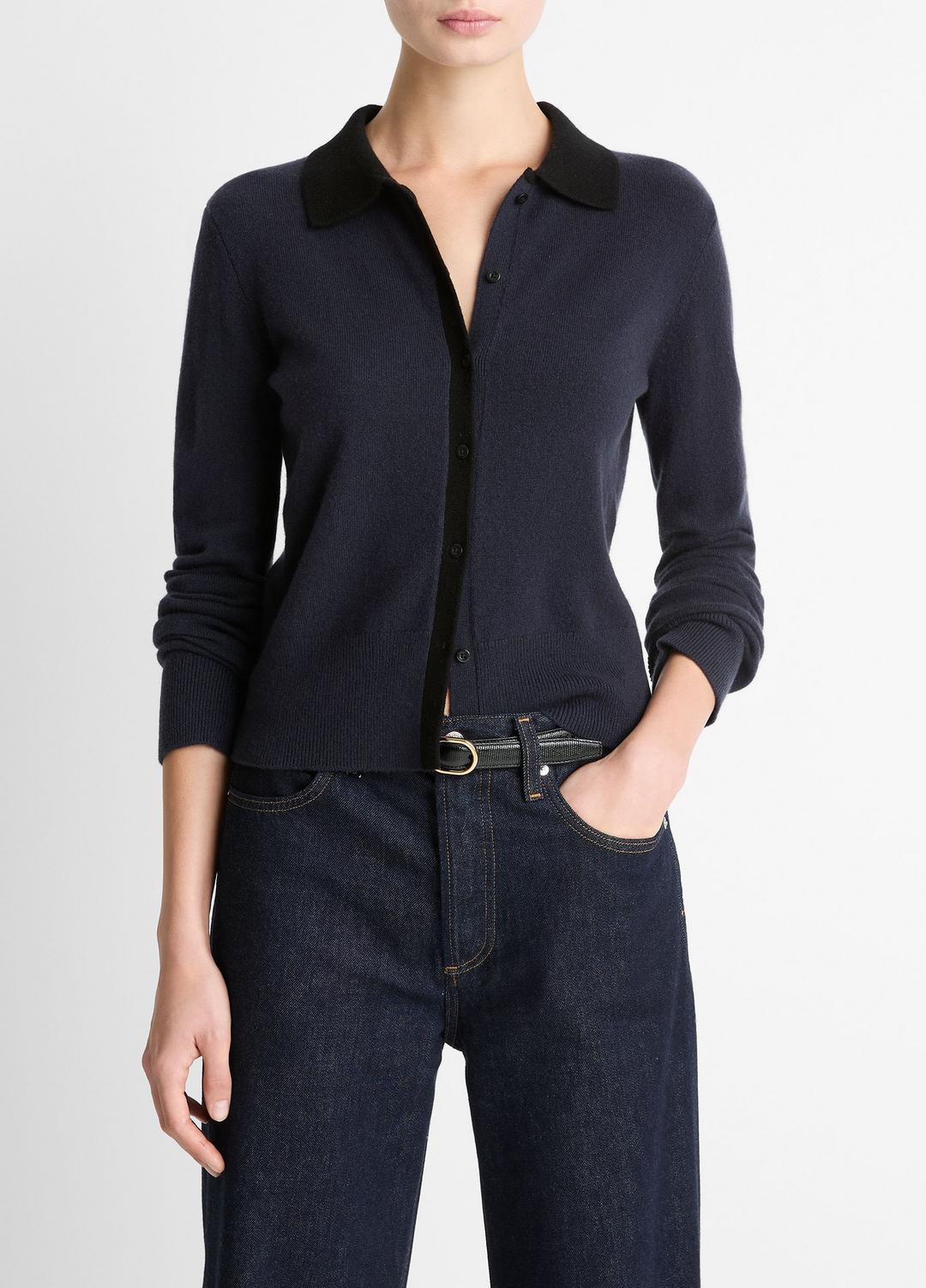 Contrast-Trim Wool & Cashmere-Blend Collared Cardigan in Cardigans - NIGHT MARINE/BLACK