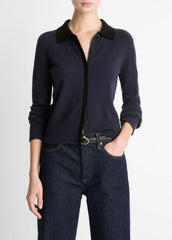 Contrast-Trim Wool & Cashmere-Blend Collared Cardigan in Cardigans - NIGHT MARINE/BLACK